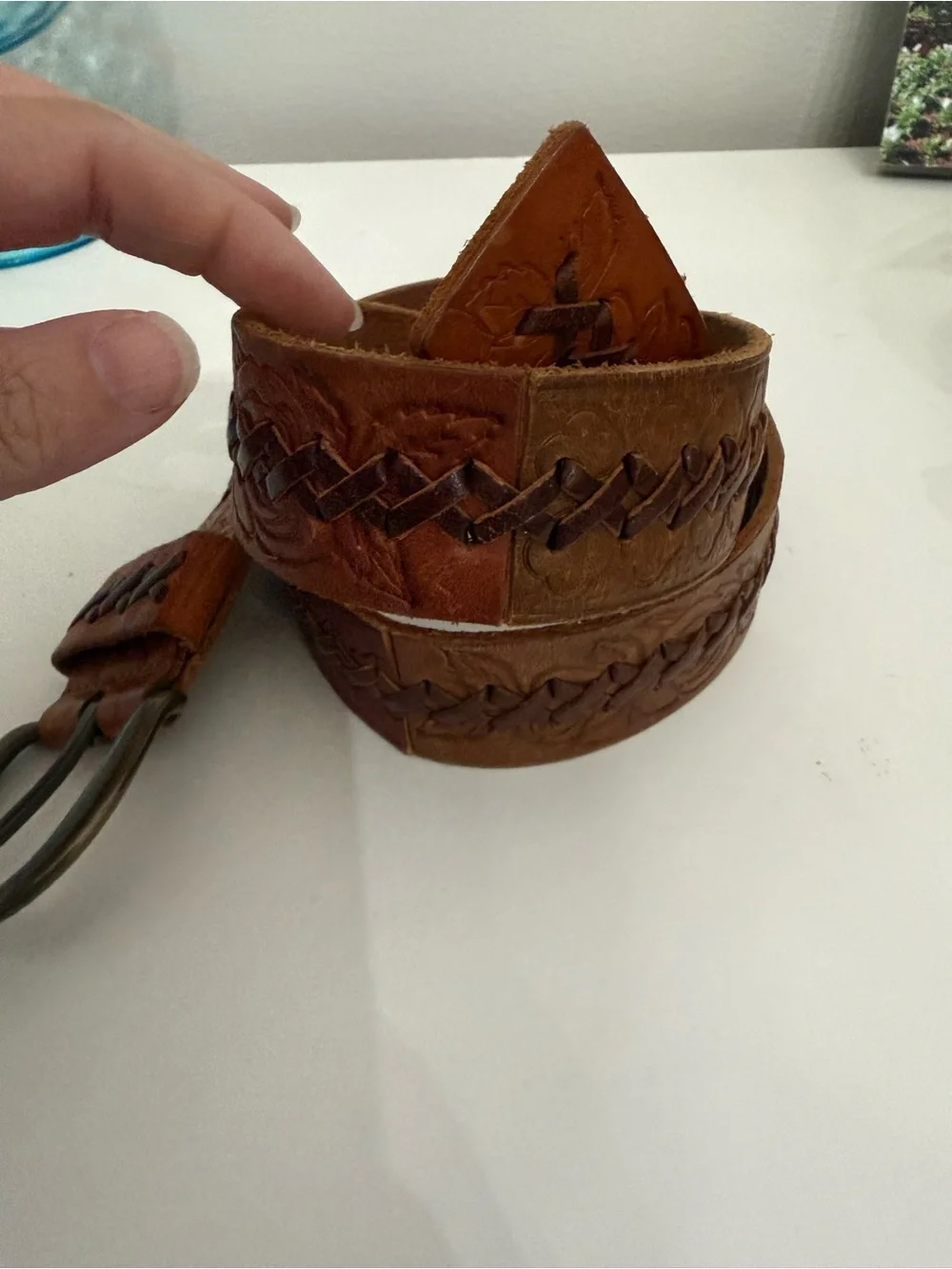 Fossil Brown Leather Belt M Western Tooled Braided Boho Cowgirl 42” Shaded